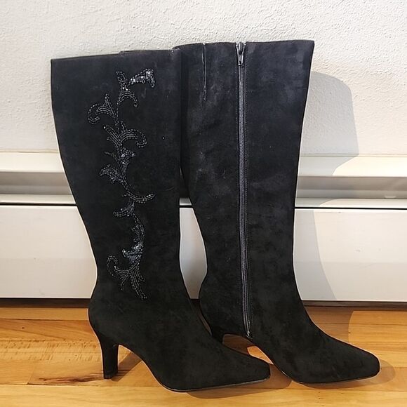Diane Von Furstenberg Silk Assets Black Suede Beaded Sequin Boots Sz 6.5 NEW - Picture 3 of 7